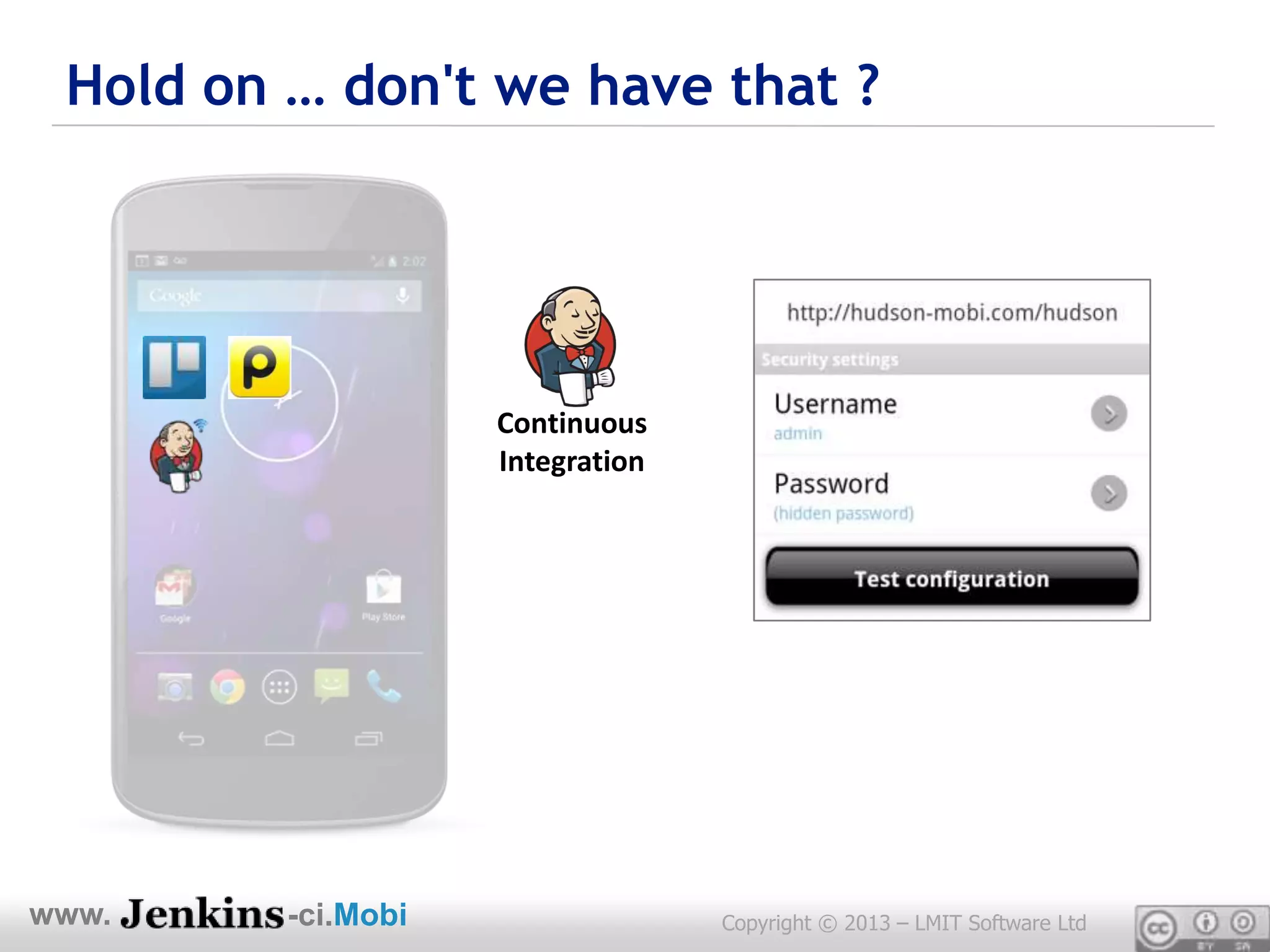 Hold on … don't we have that ?




                    Continuous
                    Integration




www.     -ci.Mobi                 Copyright © 2013 – LMIT Software Ltd
 