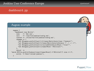 .
.
.
Jenkins User Conference Europe
.
#jenkinsconf
.
Puppet/How
.
..
dashboard.pp
..
Augeas example
.
augeas {
"dashboard...