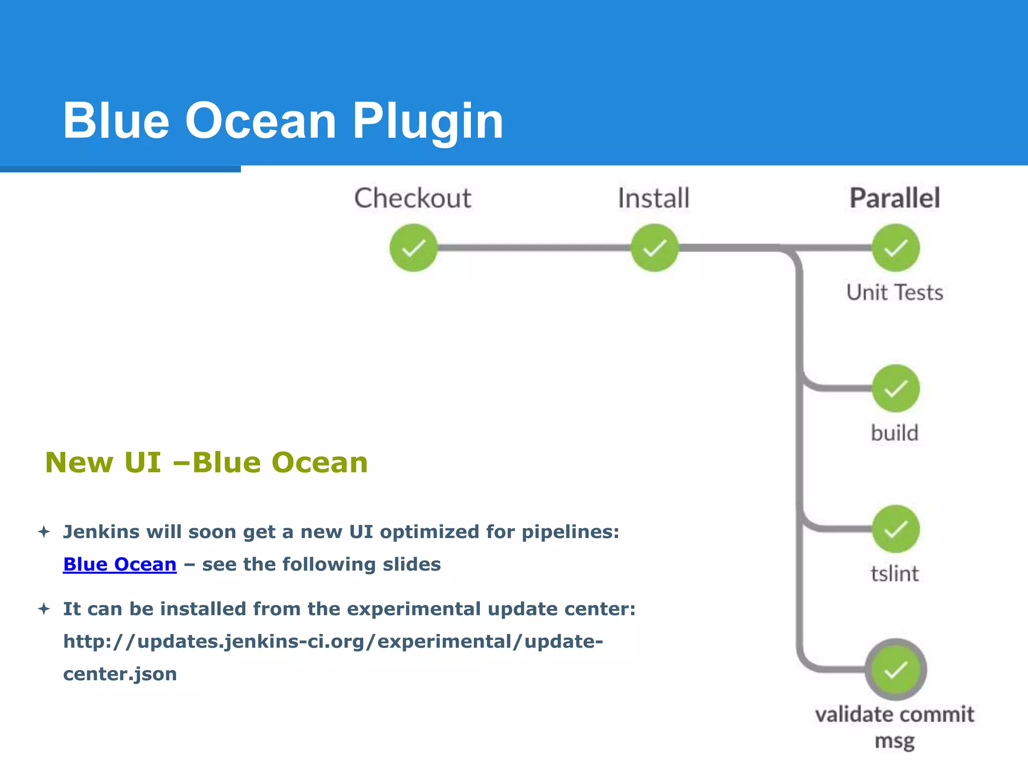 Blue Ocean Plugin
 Jenkins will soon get a new UI optimized for pipelines:
Blue Ocean – see the following slides
 It can be installed from the experimental update center:
http://updates.jenkins-ci.org/experimental/update-
center.json
New UI –Blue Ocean
 