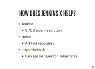 HOW DOES JENKINS X HELP?HOW DOES JENKINS X HELP?
Jenkins
CI/CD pipeline solution
Nexus
Artifact repository
Package manager...