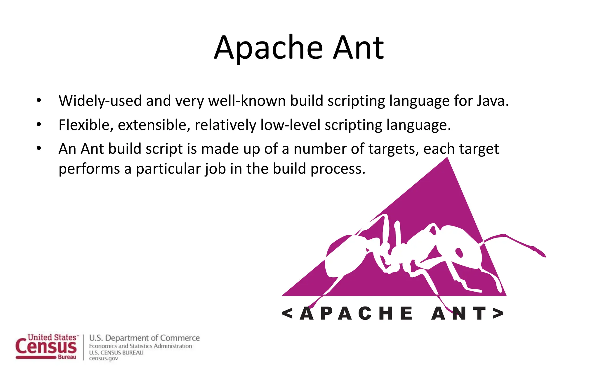 Apache Ant
• Widely-used and very well-known build scripting language for Java.
• Flexible, extensible, relatively low-level scripting language.
• An Ant build script is made up of a number of targets, each target
performs a particular job in the build process.
 