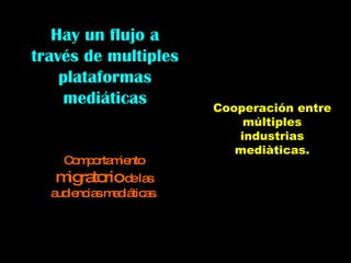 Hay un flujo a través de multiples plataformas mediáticas Cooperación entre múltiples industrias mediàticas. Comportamiento  migratorio  de las audiencias mediáticas. 