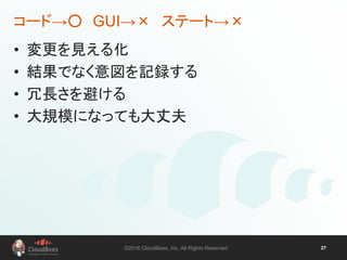 ©2016 CloudBees, Inc. All Rights Reserved 27
コード→○ GUI→× ステート→×
• 変更を見える化
• 結果でなく意図を記録する
• 冗長さを避ける
• 大規模になっても大丈夫
 