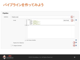 ©2016 CloudBees, Inc. All Rights Reserved 32
パイプラインを作ってみよう
 