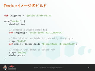 ©2016 CloudBees, Inc. All Rights Reserved 44
Dockerイメージのビルド
def imageName = 'jenkinsciinfra/bind'
node('docker') {
checkout scm
// Compute a unique image tag
def imageTag = "build-${env.BUILD_NUMBER}"
// The `docker` variable introduced by the plugin
stage 'Build'
def whale = docker.build("${imageName}:${imageTag}")
// Publish this image to Docker Hub
stage 'Deploy'
whale.push()
}
 
