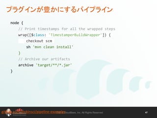 ©2016 CloudBees, Inc. All Rights Reserved 47
プラグインが豊かにするパイプライン
node {
// Print timestamps for all the wrapped steps
wrap([$class: 'TimestamperBuildWrapper']) {
checkout scm
sh 'mvn clean install'
}
// Archive our artifacts
archive 'target/**/*.jar'
}
github.com/jenkinsci/pipeline-examples
 