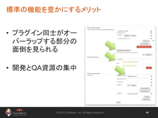 ©2016 CloudBees, Inc. All Rights Reserved 60
• プラグイン同士がオー
バーラップする部分の
面倒を見られる
• 開発とQA資源の集中
標準の機能を豊かにするメリット
 