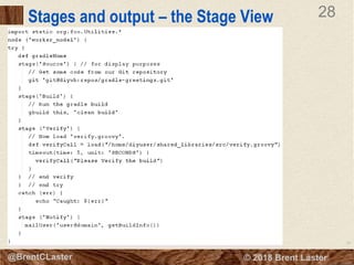 28
© 2018 Brent Laster@BrentCLaster
28
@BrentCLaster
Stages and output – the Stage View
 