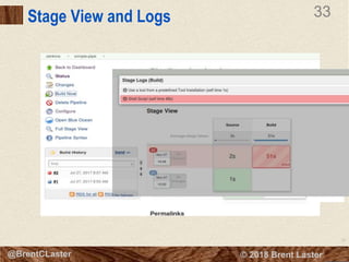 33
© 2018 Brent Laster@BrentCLaster
33
@BrentCLaster
Stage View and Logs
 