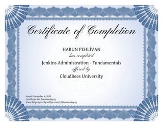 Certificate of Completion
HARUN PEHLİVAN
has completed
Jenkins Administration - Fundamentals
offered by
CloudBees University
Issued: December 6, 2020
Certificate No: fhem66n4ayzq
View: https://verify.skilljar.com/c/fhem66n4ayzq
 
