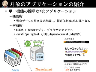 対象のアプリケーションの紹介
• 単一機能の簡単なWebアプリケーション
– 機能的
• 勤怠データを月選択で表示し、帳票(ods)に出しDL出来る
– 構成的
• RDBMS + Webのアプリ、ブラウザでアクセス
• Java8,SpringBoot,MySQL,JopenDocument(ods操作)
MySQL
The InternetLocal
以前の発表
のデモにて使用したアプリ
詳しくはそちらを
(動画もあります)
 