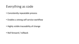 Everything as code
• Consistently repeatable process
• Enables a strong self service workflow
• Highly visible traceability of change
• Roll forward / rollback
 