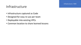 Infrastructure
• Infrastructure captured as Code
• Designed for easy re-use per team
• Deployable into existing VPCs
• Common location to share learned lessons
Infrastructure / AWS
 