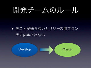 開発チームのルール

• テストが通らないとリリース用ブラン
 チにpushされない


  Develop     Master
 