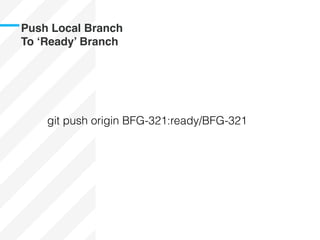 Push Local Branch
To ‘Ready’ Branch
git push origin BFG-321:ready/BFG-321
 