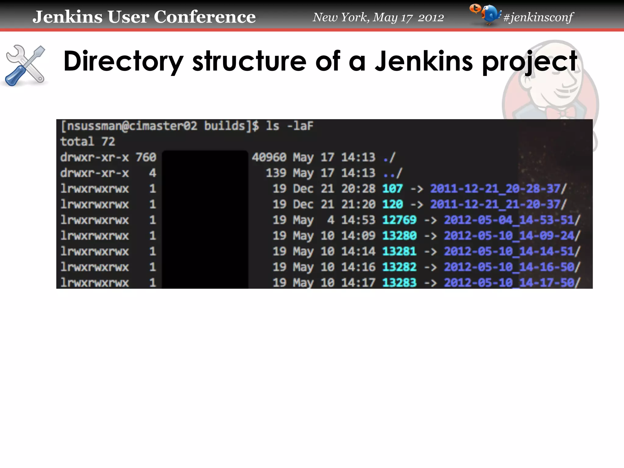 Jenkins User Conference   New York, May 17 2012   #jenkinsconf



   Directory structure of a Jenkins project
 