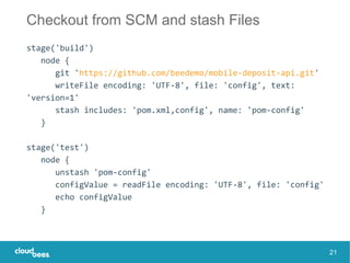 Checkout from SCM and stash Files
stage('build')
node {
git 'https://github.com/beedemo/mobile-deposit-api.git'
writeFile ...