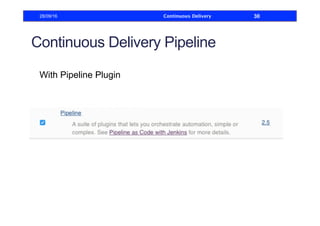 Continuous Delivery Pipeline
With Pipeline Plugin
28/09/16 Continuous Delivery 30
 