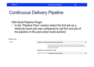 Continuous Delivery Pipeline
With Build Pipeline Plugin
•  In the “Pipeline Flow” section select the first job as a
initial job (each job was configured to call the next job of
the pipeline in the post action build section)
28/09/16 Continuous Delivery 36
 