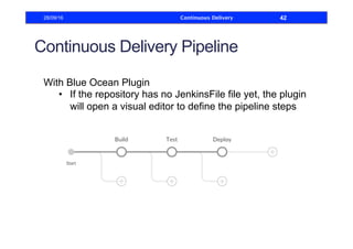 Continuous Delivery Pipeline
With Blue Ocean Plugin
•  If the repository has no JenkinsFile file yet, the plugin
will open a visual editor to define the pipeline steps
28/09/16 Continuous Delivery 42
 