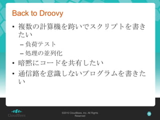 Back to Droovy複数の計算機を跨いでスクリプトを書きたい負荷テスト処理の並列化暗黙にコードを共有したい通信路を意識しないプログラムを書きたい