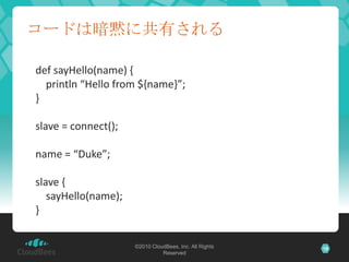 コードは暗黙に共有されるdef sayHello(name) {println “Hello from ${name}”;  }slave = connect();name = “Duke”;slave {sayHello(name);}