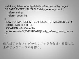 -- defining table for output daily referer count by pages.
CREATE EXTERNAL TABLE daily_referer_count (
    referer string,...
