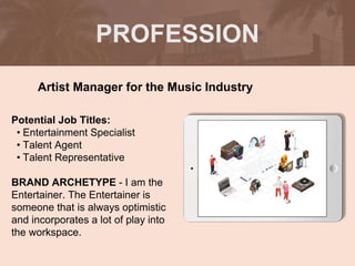 PROFESSION
Potential Job Titles:
• Entertainment Specialist
• Talent Agent
• Talent Representative
BRAND ARCHETYPE - I am the
Entertainer. The Entertainer is
someone that is always optimistic
and incorporates a lot of play into
the workspace.
Artist Manager for the Music Industry
Picture Relevant
to Your Industry
Goes Here
 