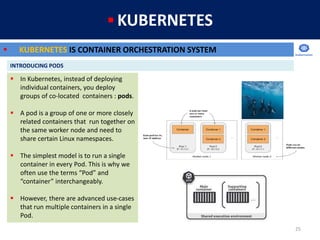 25
 KUBERNETES
 KUBERNETES IS CONTAINER ORCHESTRATION SYSTEM
INTRODUCING PODS
 In Kubernetes, instead of deploying
indi...