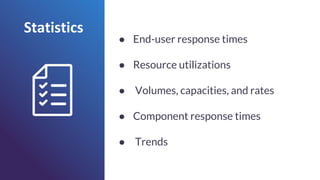 ● End-user response times
● Resource utilizations
● Volumes, capacities, and rates
● Component response times
● Trends
 