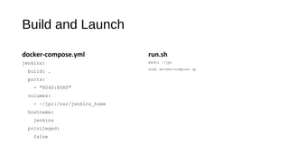 Build and Launch
docker-compose.yml
jenkins:
build: .
ports:
- "8040:8080"
volumes:
- ~/jpr:/var/jenkins_home
hostname:
jenkins
privileged:
false
run.sh
mkdir ~/jpr
sudo docker-compose up
 