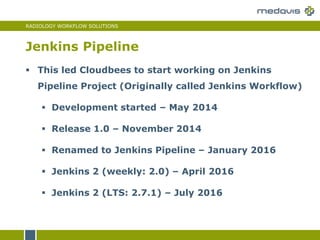 RADIOLOGY WORKFLOW SOLUTIONS
Jenkins Pipeline
 This led Cloudbees to start working on Jenkins
Pipeline Project (Originally called Jenkins Workflow)
 Development started – May 2014
 Release 1.0 – November 2014
 Renamed to Jenkins Pipeline – January 2016
 Jenkins 2 (weekly: 2.0) – April 2016
 Jenkins 2 (LTS: 2.7.1) – July 2016
 