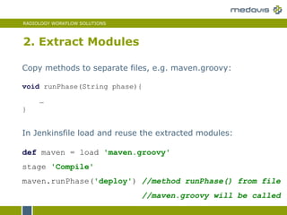 RADIOLOGY WORKFLOW SOLUTIONS
2. Extract Modules
In Jenkinsfile load and reuse the extracted modules:
def maven = load 'maven.groovy'
stage 'Compile'
maven.runPhase('deploy') //method runPhase() from file
//maven.groovy will be called
Copy methods to separate files, e.g. maven.groovy:
void runPhase(String phase){
…
}
 