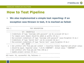 RADIOLOGY WORKFLOW SOLUTIONS
How to Test Pipeline
 We also implemented a simple test reporting: if an
exception was thrown in test, it is marked as failed:
 
