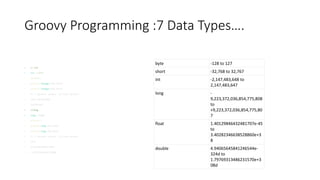 Groovy Programming :7 Data Types….
• // int
• int i=1029
• println i
• println Integer.MIN_VALUE
• println Integer.MAX_VALUE
• PS C:groovy> groovy .script1.groovy
• 1029-2147483648
• 2147483647
• //long
• long l=1245
• println l
• println Long.MAX_VALUE
• println Long.MIN_VALUE
• PS C:groovy> groovy .script1.groovy
• 1245
• 9223372036854775807
• -9223372036854775808
byte -128 to 127
short -32,768 to 32,767
int -2,147,483,648 to
2,147,483,647
long -
9,223,372,036,854,775,808
to
+9,223,372,036,854,775,80
7
float 1.40129846432481707e-45
to
3.40282346638528860e+3
8
double 4.94065645841246544e-
324d to
1.79769313486231570e+3
08d
 