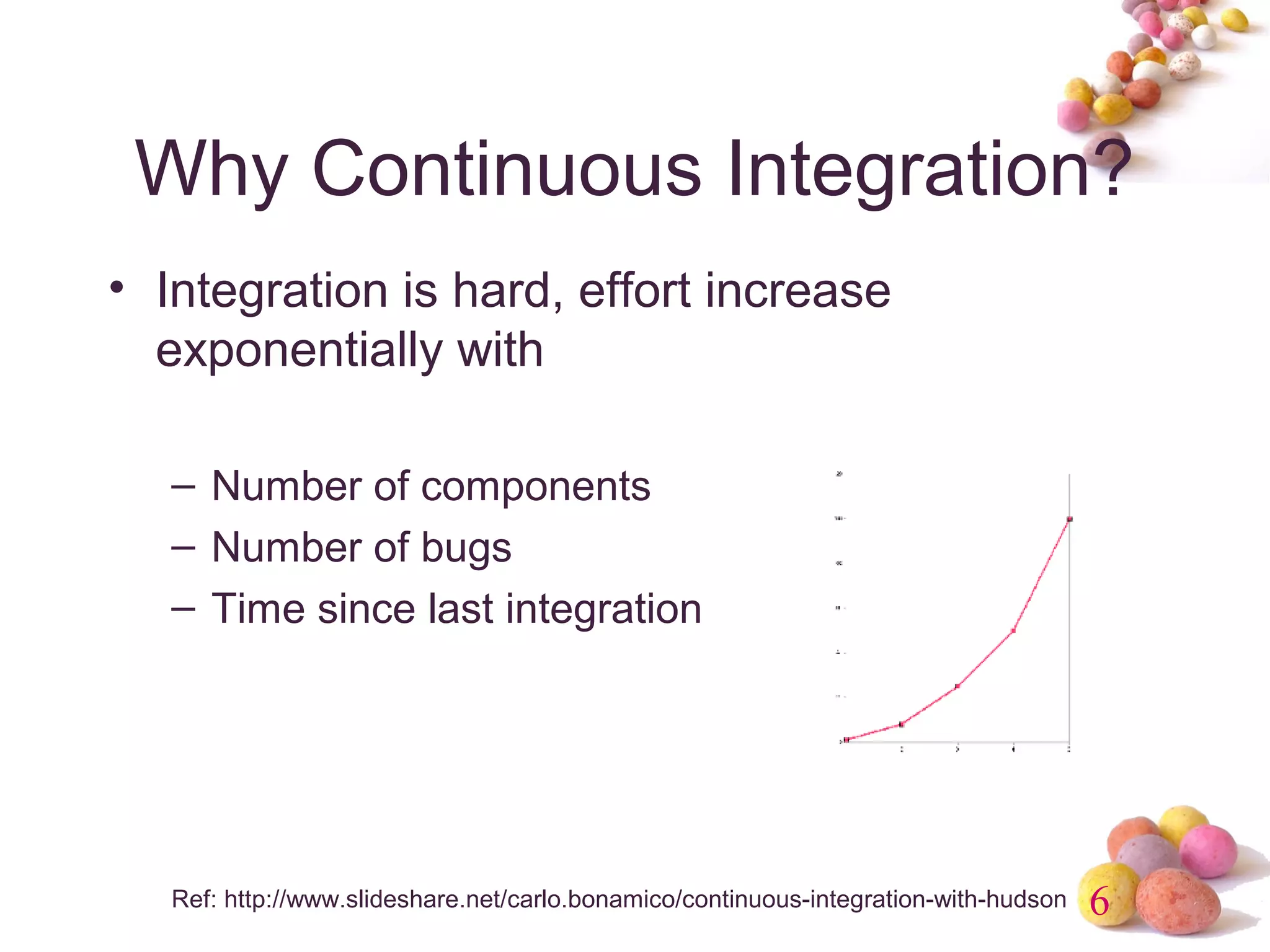 Why Continuous Integration? 
• Integration is hard, effort increase 
exponentially with 
6 
– Number of components 
– Number of bugs 
– Time since last integration 
Ref: http://www.slideshare.net/carlo.bonamico/continuous-integration-with-hudson 
 