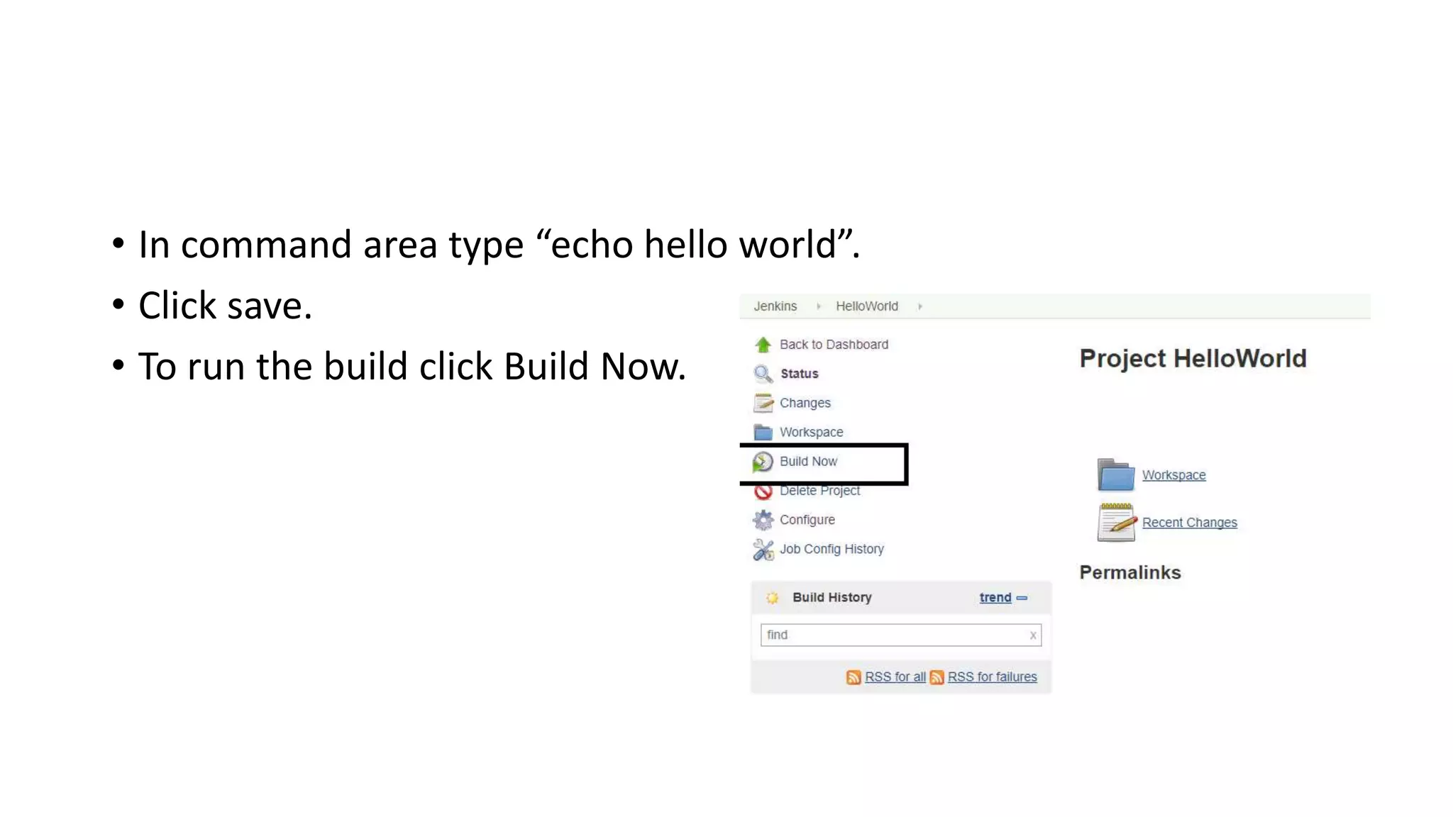• In command area type “echo hello world”.
• Click save.
• To run the build click Build Now.
 