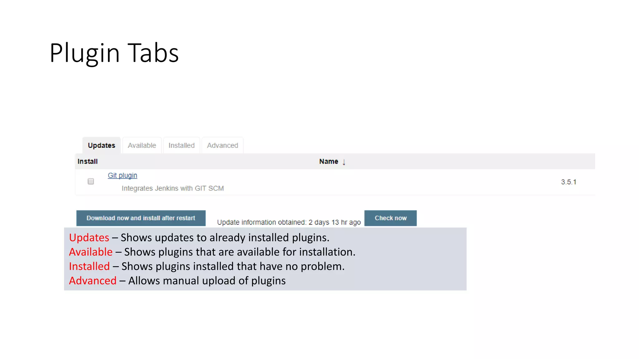 Plugin Tabs
Updates – Shows updates to already installed plugins.
Available – Shows plugins that are available for installation.
Installed – Shows plugins installed that have no problem.
Advanced – Allows manual upload of plugins
 