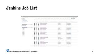 Jenkins Job List
netz98 GmbH - Christian Münch / @cmuench 3
 
