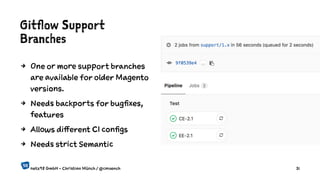 Gitflow Support
Branches
4 One or more support branches
are available for older Magento
versions.
4 Needs backports for bugfixes,
features
4 Allows different CI configs
4 Needs strict Semantic
netz98 GmbH - Christian Münch / @cmuench 31
 