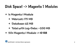 Disk Space! -> Magento 1 Modules
4 1x Magento 1 Module
4 Webroot: 175 MB
4 Database: 62 MB
4 Total with Log-Data: ~200 MB
4 50x Magento 1 Module -> 10 GB
netz98 GmbH - Christian Münch / @cmuench 6
 