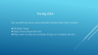 The Big IDEA
Get something done automatically (hands-free) that involves:
Multiple Steps
Steps have dependencies
May have to execute multiple things on multiple servers
 