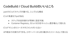 CodeBuild / Cloud Buildのいいところ
yamlでビルドステップが書ける、シンプルな構成
ビルド高速化Tipsがある
● ステップの並列実行が簡単に設定可能
● Container Registory、S3 or GCSをキャッシュ置き場として使える
ビルドマシンのリソースマネジメントがいらない
API経由での実行ができる、CIサーバーから切り離されたリソースとして使える
　
 