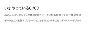 いまやっているCI/CD
AWS / GCP / オンプレで構成されたデータ分析基盤のデプロイ・構成管理
データ加工・集計アプリケーションとそのコンテナのビルド・テスト・デプロイ
 