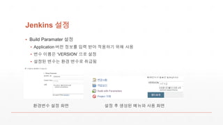 Jenkins 설정
▪ Build Paramater 설정
▪ Application 버전 정보를 입력 받아 적용하기 위해 사용
▪ 변수 이름은 ‘VERSION’ 으로 설정
▪ 설정된 변수는 환경 변수로 취급됨
환경변수 설정 화면 설정 후 생성된 메뉴와 사용 화면
 