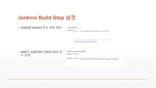 Jenkins Build Step 설정
▪ Unity3D Version 정보 파일 생성
▪ UNITY_EXPORT_PATH 환경 변
수 설정
 