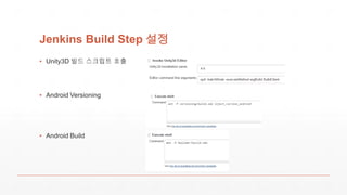 Jenkins Build Step 설정
▪ Unity3D 빌드 스크립트 호출
▪ Android Versioning
▪ Android Build
 