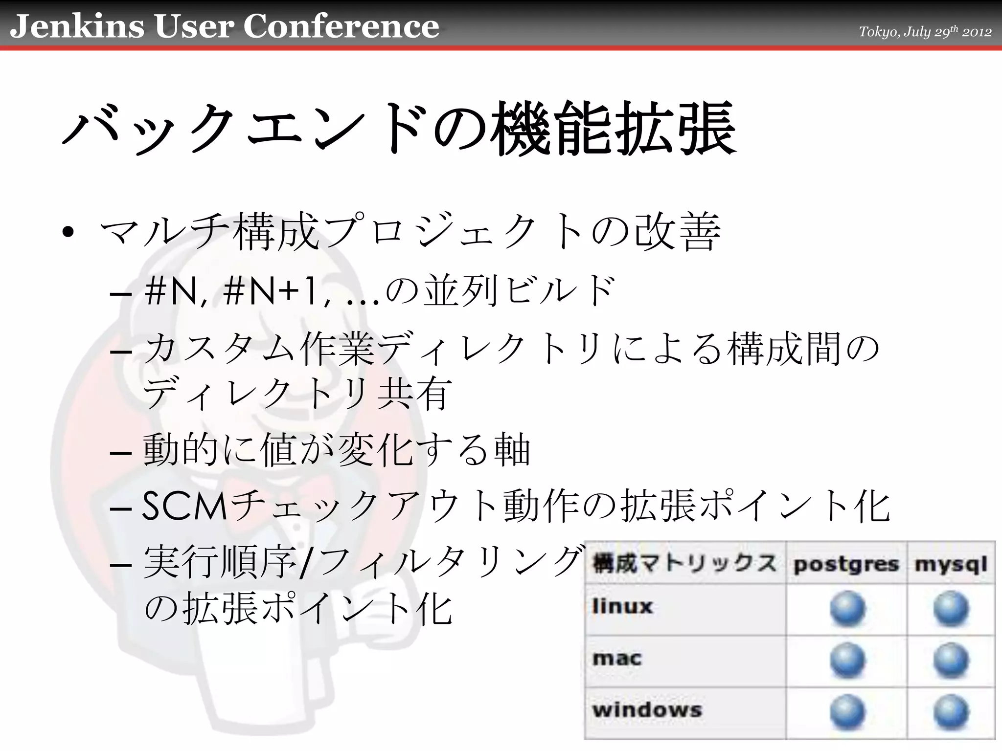 Jenkins User Conference   Tokyo, July 29th 2012




  バックエンドの機能拡張
  • マルチ構成プロジェクトの改善
     – #N, #N+1, …の並列ビルド
     – カスタム作業ディレクトリによる構成間の
       ディレクトリ共有
     – 動的に値が変化する軸
     – SCMチェックアウト動作の拡張ポイント化
     – 実行順序/フィルタリング
       の拡張ポイント化
 