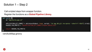 17
Solution 1 – Step 2
Call scripted steps from wrapper function.
Register the functions as a Global Pipeline Library.
vars/buildApp.groovy
 