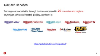 4
Rakuten services
Serving users worldwide through businesses based in 29 countries and regions.
Our major services available globally. (09/23/2018)
https://global.rakuten.com/corp/about/
 